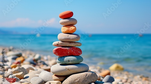 A symbolic scale made of stones balanced on a serene sea background. The scene represents harmony and balance, conveying the concepts of work life balance and emotional well being. 
 photo