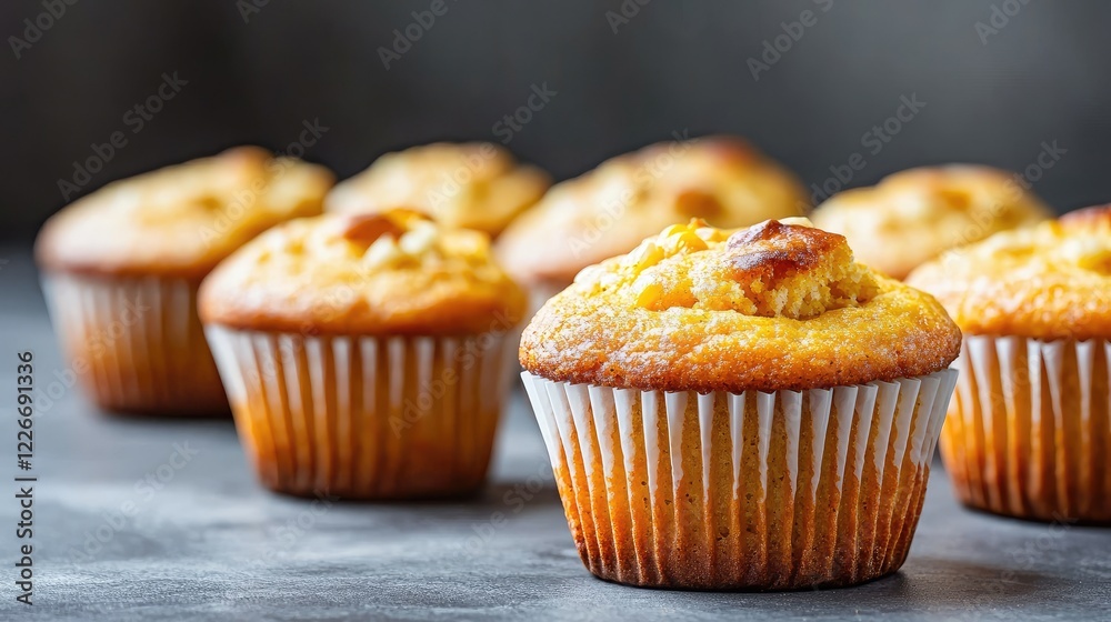 Delicious corn muffins on a gray surface, close-up view. Use recipe blog, food website Delicious corn muffins on a gray surface, close-up view. Use recipe blog, food website