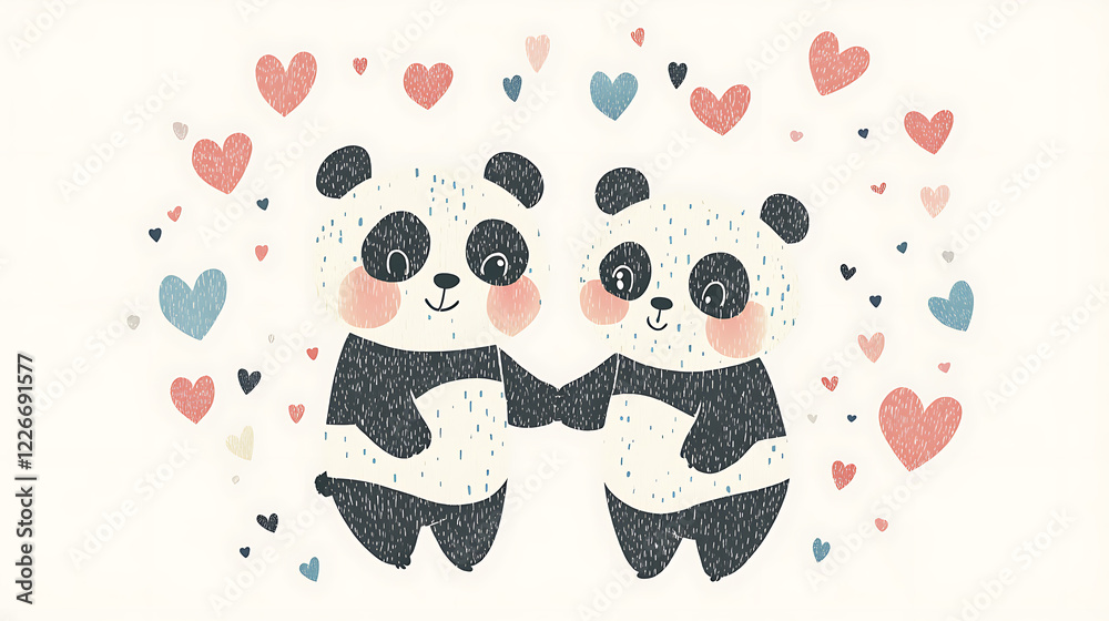 Fototapeta premium Adorable panda couple holding hands love theme digital illustration playful atmosphere cute concept