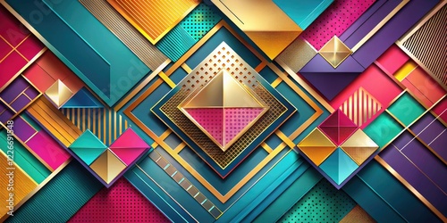 Geometric abstract design featuring a mix of bold colors and metallic accents, modern and contemporary aesthetic, artistic expression, bold colors, modern wallpaper