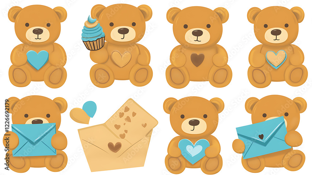 Fototapeta premium Charming bear illustrations with cupcake and love letters cute art showcase whimsical setting digital design playful concept