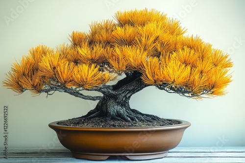 Old black pine bonsai tree in a brown pot, isolated on a white background. High-resolution close-up of unique nature art. photo