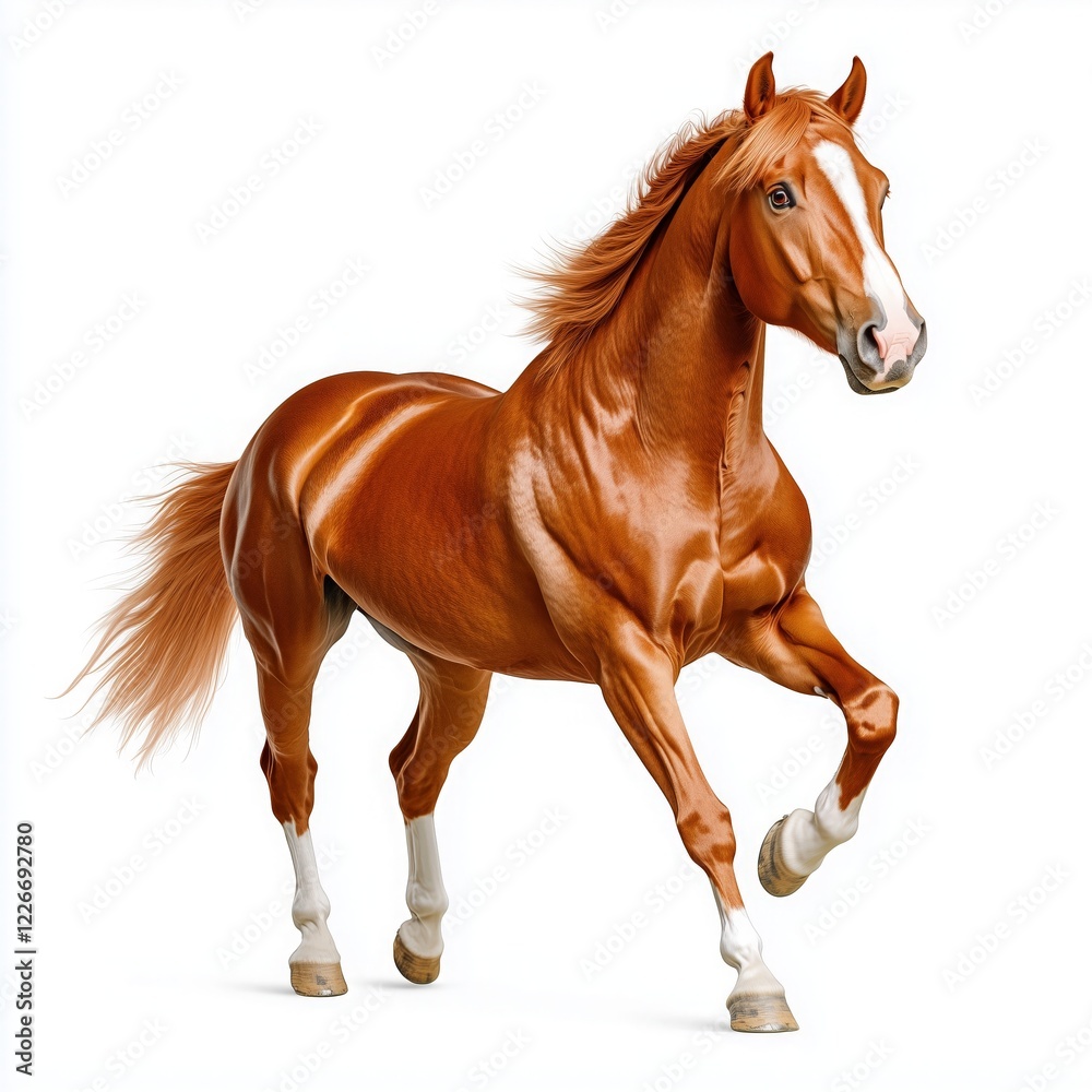 Naklejka premium Strong chestnut horse rearing against a white background showcasing power and elegance