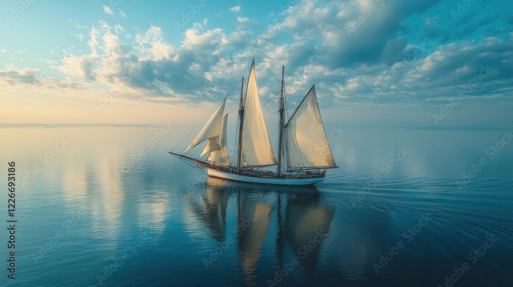 Fototapeta premium A sailboat gliding on calm blue water with its white sails fully unfurled under a clear sky