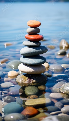A symbolic scale made of stones balanced on a serene sea background. The scene represents harmony and balance, conveying the concepts of work life balance and emotional well being. 
