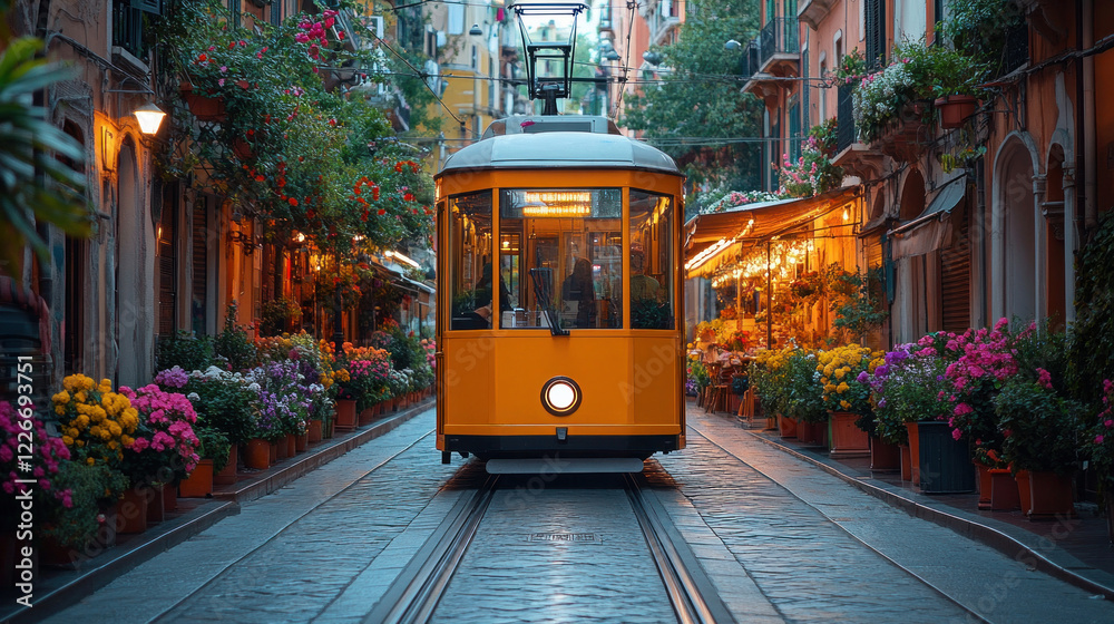 Obraz premium A tram navigating a narrow European street, surrounded by cafes and flower boxes