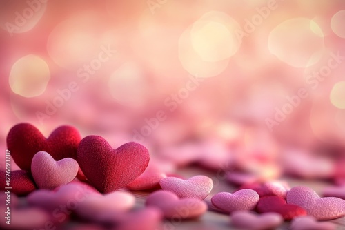 Pink and red hearts arranged elegantly on a pastel pink background.