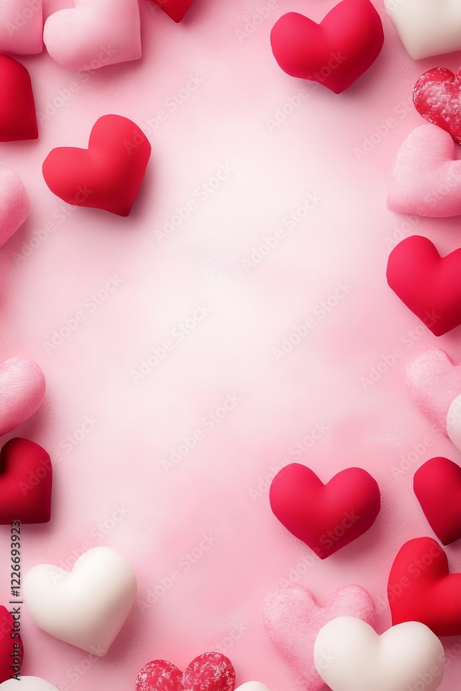 Eye-catching composition featuring pink and red hearts elegantly arranged on a soft pastel pink background. Eye-catching composition featuring pink and red hearts elegantly arranged on a soft pastel pink background.