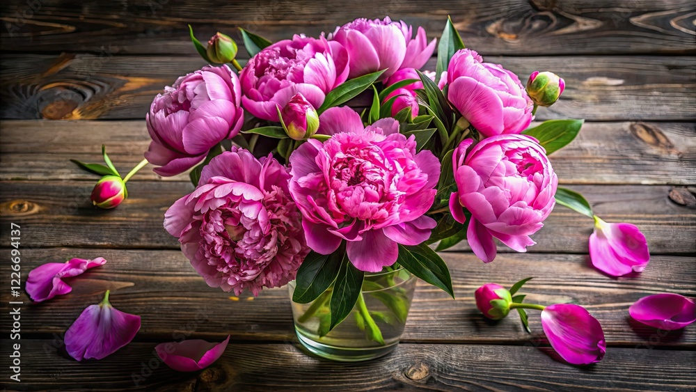 Obraz premium Aerial Pink Peony Bouquet in Vase, Wooden Background, Photography