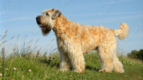 Golden fur and brown patches on a wheaten terrier's coat in a natural setting, dog coat pattern, terrier breed, landscape, golden fur, outdoors photo
