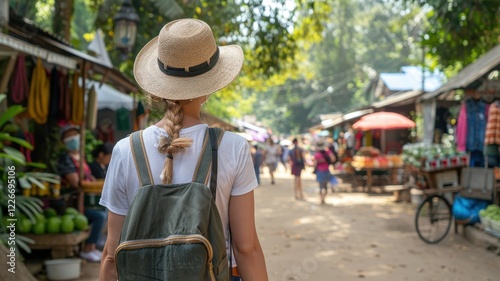 community market with cultural goods concept. A person walking through a vibrant market surrounded by stalls.
