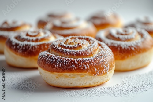 Sweet sugar-coated pastries shaped like buns displayed elegantly on a clean surface photo