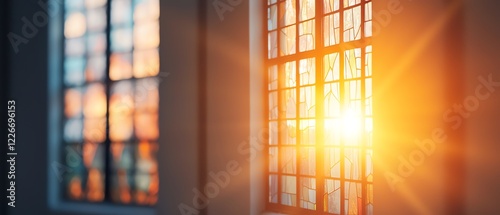 Morning Easter worship, soft sunlight pouring through stained glass windows, congregation in peaceful prayer
