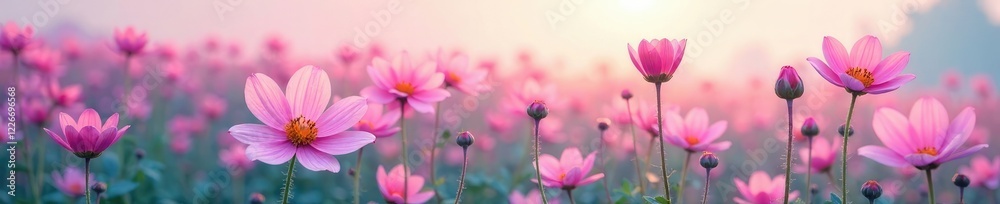 A flower field with a subtle pink to blue gradient effect, foliage, field, color A flower field with a subtle pink to blue gradient effect, foliage, field, color