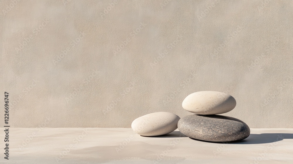 Tranquil Still Life with Smooth Stones Against Soft Neutral Wall Tranquil Still Life with Smooth Stones Against Soft Neutral Wall