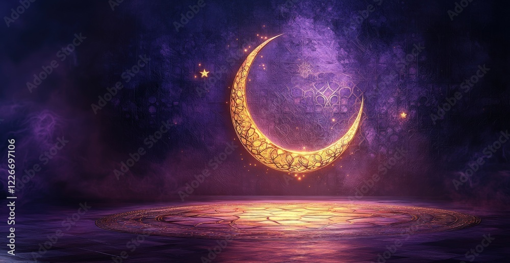 Fototapeta premium Enchanted crescent moon glowing in a mystical landscape with swirling purple mist and stars