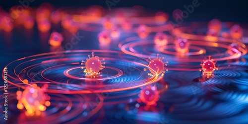  3D Virus Particles with Glowing Rings, Digital Virus Concept