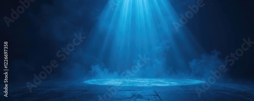 Blue spotlight casting an eerie glow on empty space, spotlights, dimly lit, hazy