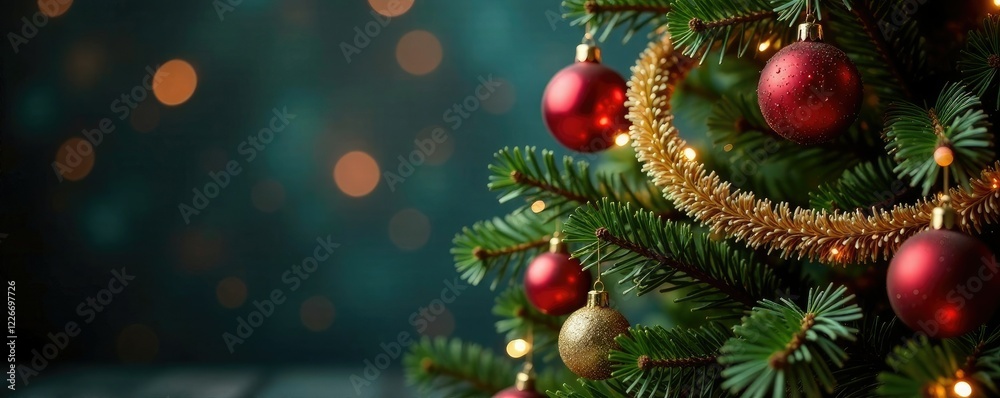 Obraz premium Christmas tree with ornaments and garlands hanging from branches, string lights, decorated christmas trees ornaments garlands