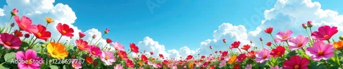 Colorful bua tong flowers with blue sky and white clouds, flowers, blue sky, flowers photo