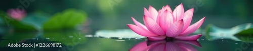 Delicate petals unfolding on a serene lake surface, pink lotus flower, soft focus