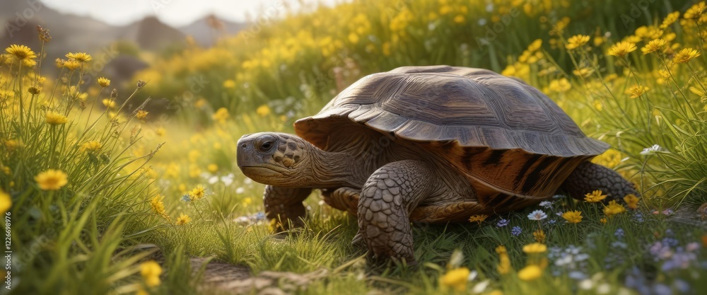 Fototapeta premium Gentle tortoise wanders amidst yellow grasses and wildflowers, serene atmosphere, greenery