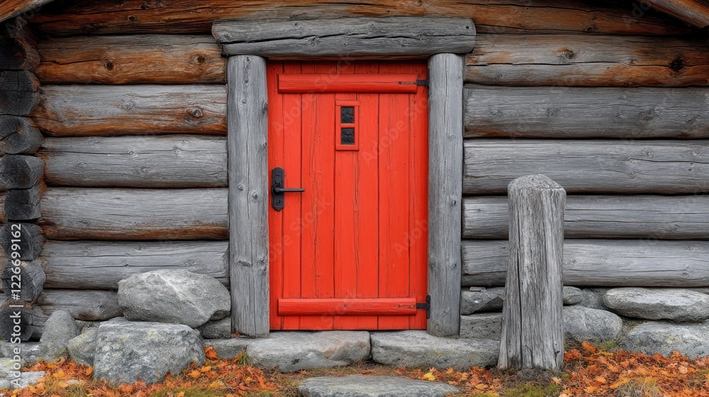 Red door, log cabin, autumn leaves, mountains Red door, log cabin, autumn leaves, mountains