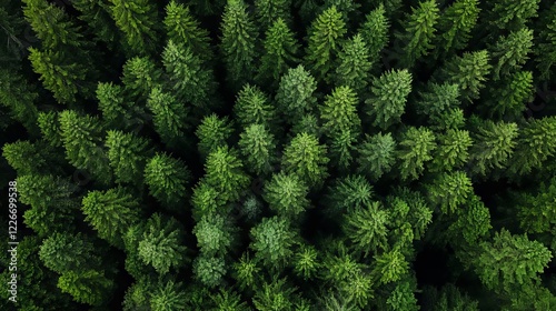 A view of a forest from above of a tall pine tree
