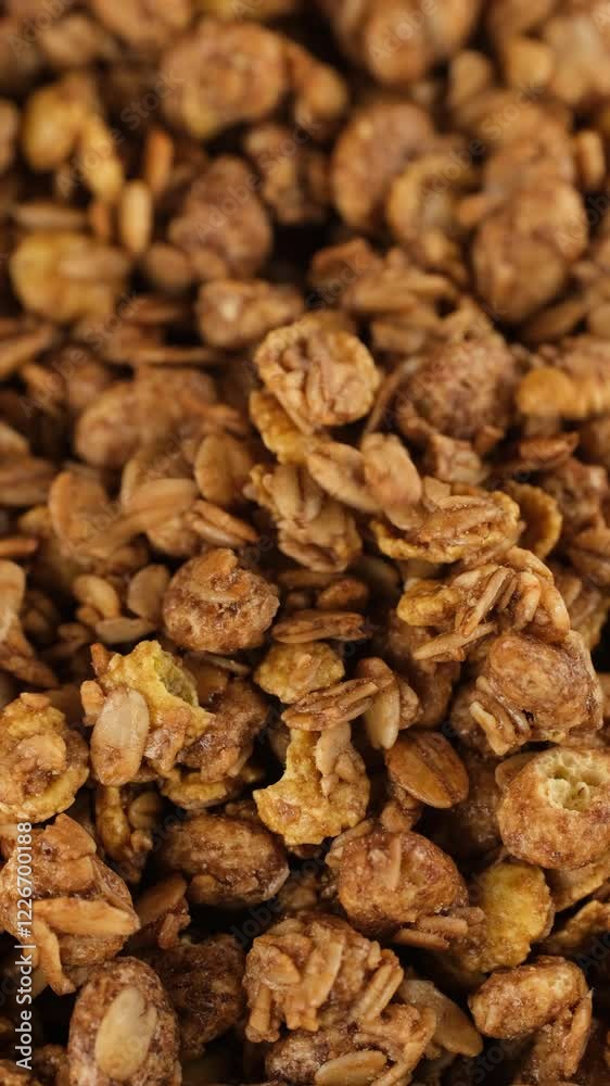 Granola falling down in plate, close up Granola falling down in plate, close up