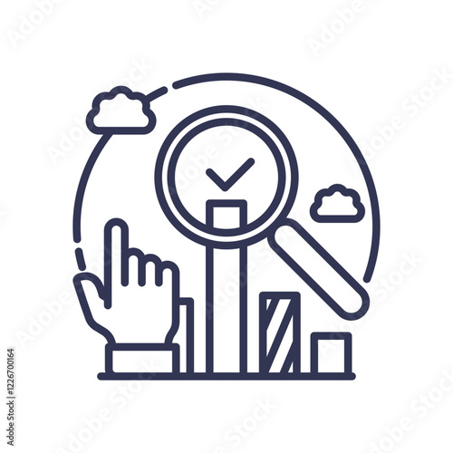 Hand pointing at bar chart with magnifying glass, symbolizing data analysis and insight.