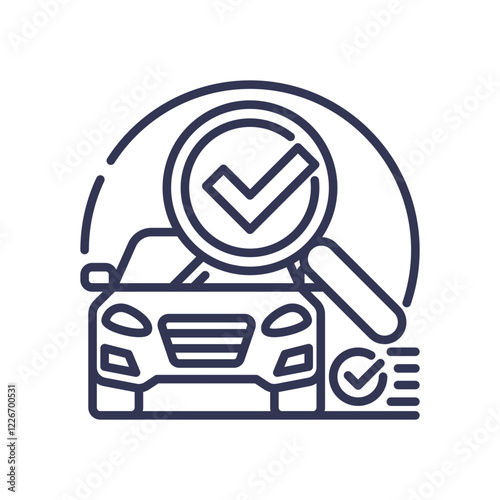Car with magnifying glass and checkmark symbolizing thorough evaluation.