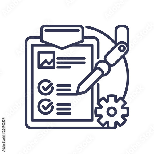AI-assisted content drafting with robotic arm, checklist, and gear symbolizing automation.