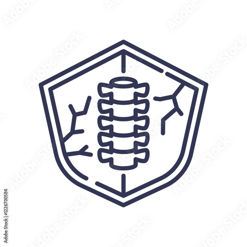 A shield with a spine and cracks symbolizes vulnerability and fragility.