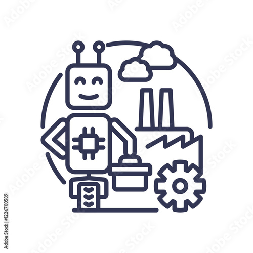 Robot with factory and gear symbolizes AI's role in industrial evolution.