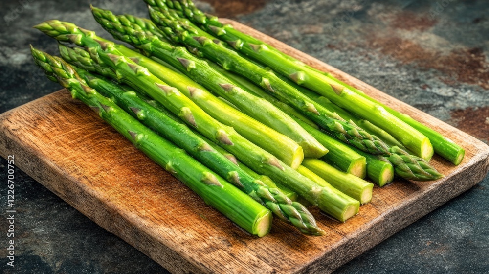 A bunch of fresh green asparagus stalks on a wooden cutting board, ready for cooking. A bunch of fresh green asparagus stalks on a wooden cutting board, ready for cooking.