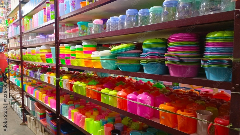 Naklejka premium Jakarta, Indonesia-January 26, 2025- Rows of plastic cups and plates neatly arranged on shop shelves