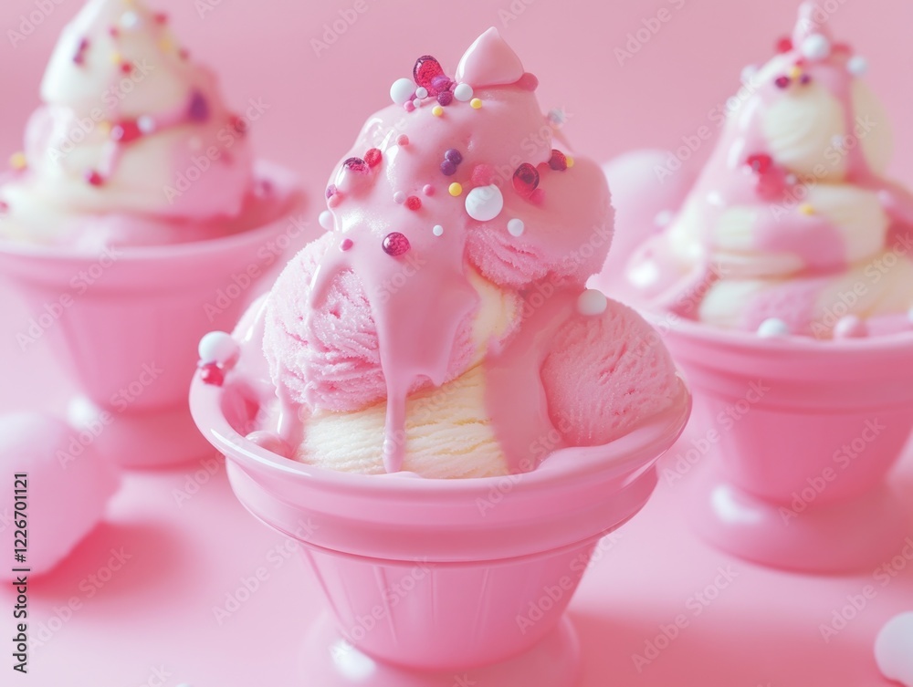 Ice cream in pink cups with sprinkles and drizzle Ice cream in pink cups with sprinkles and drizzle