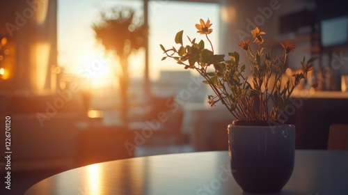 A vase of flowers sits on a table in a living room. The sun is setting, casting a warm glow on the room. The flowers are a bright yellow color, adding a pop of color to the scene