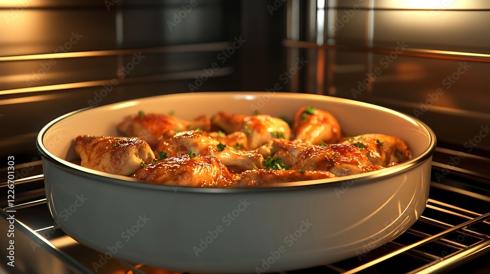 A ceramic dish with chicken legs in an automatic oven A ceramic dish with chicken legs in an automatic oven