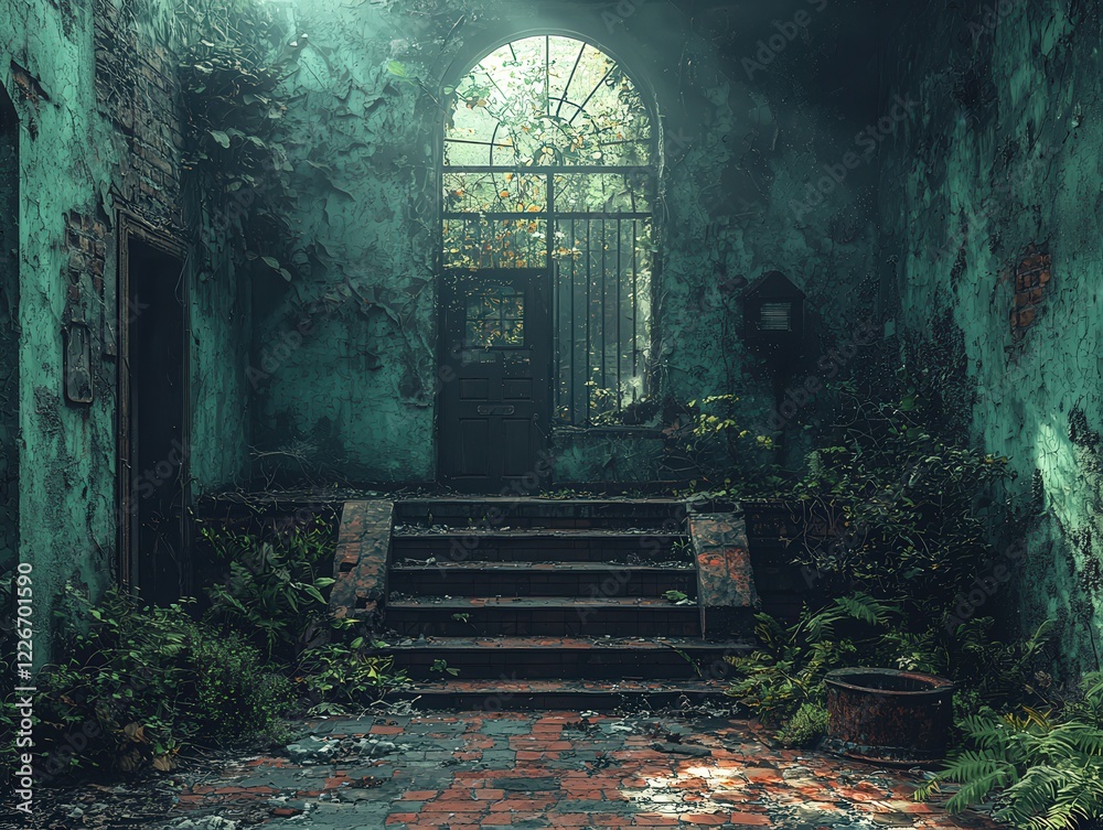 Fototapeta premium Abandoned urban courtyard interior slung derelict forsaken outcast