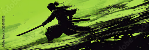 A bold black and green samurai silhouette with motion streaks, capturing the essence of speed, strength, and fluid movement