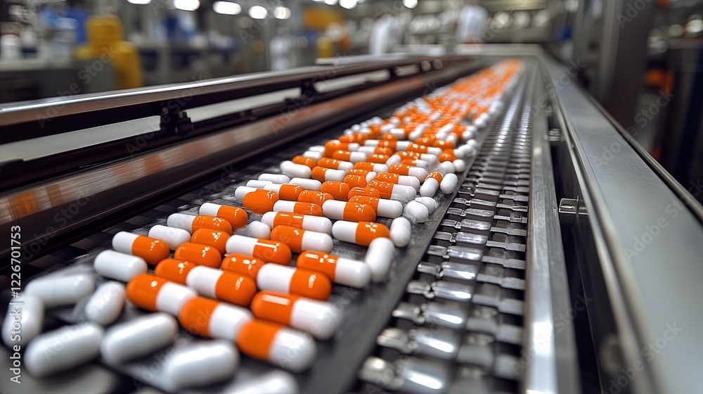 Fototapeta premium An automated packing line in a pharmaceutical company, highlighting the efficiency and precision in medication production 