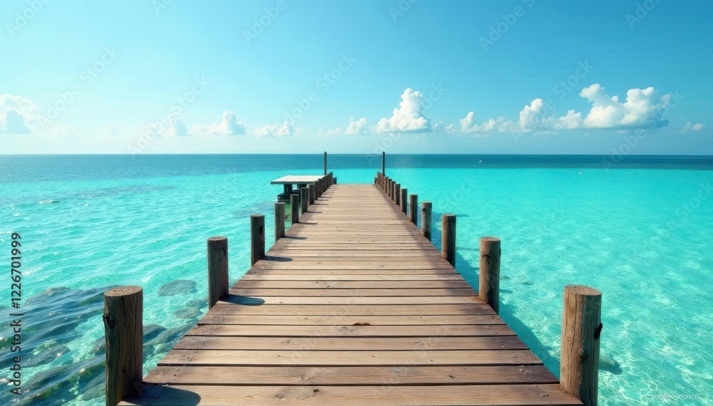 Rustic wooden boardwalk over tranquil marine waters, structure, ocean Rustic wooden boardwalk over tranquil marine waters, structure, ocean