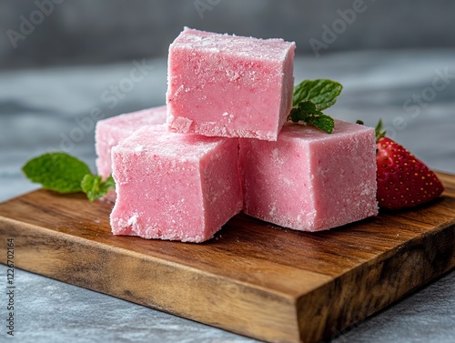 A wooden cutting board topped with three pieces of strawberry fudge photo