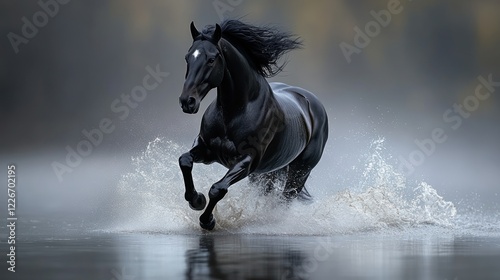 Black stallion galloping water, misty forest background, equestrian art photo