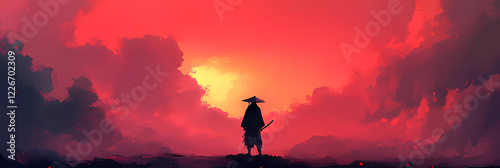 A shadowy ninja figure poised against a smoky red sky, blending dynamic anime aesthetics with an intense and atmospheric backdrop. photo