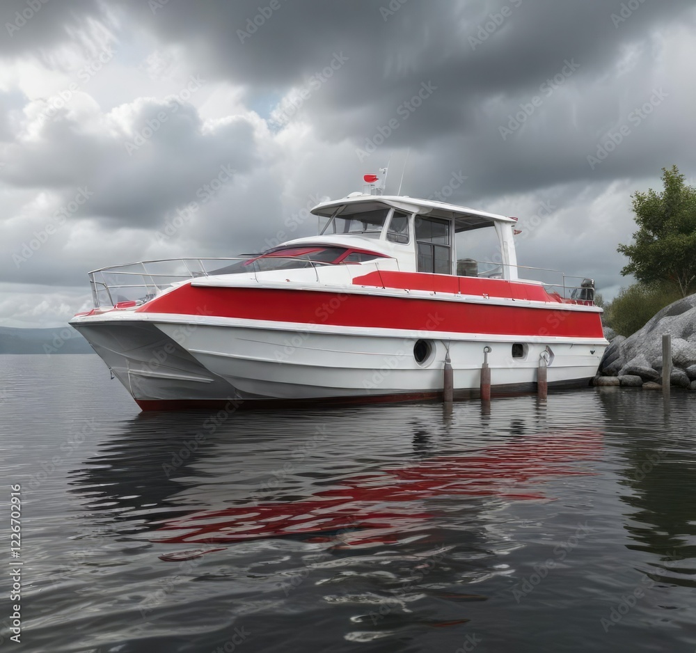 Grey and white boat house with a red RIB partially visible , boat house, dock Grey and white boat house with a red RIB partially visible , boat house, dock