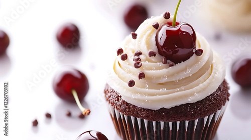 A chocolate and vanilla cupcake morello cherry with water drops isolated