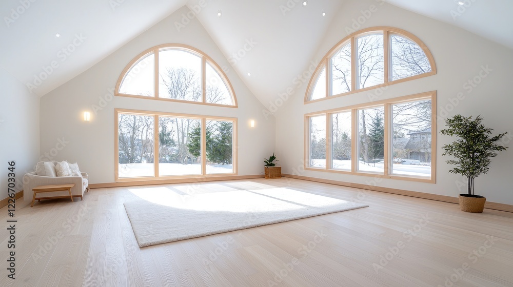 Obraz premium Bright studio room with large windows, winter view. Ideal for yoga, meditation, or relaxation