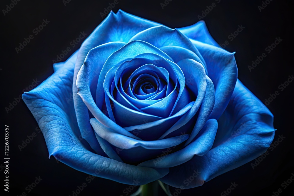 Obraz premium Blue Rose Black Background Deep Focus AI Photo, Stunning Blue Rose, Black Background, High Definition, Macro Photography